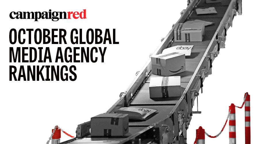 Parcels being moved up a ramp, with the text "October global media agency rankings" overlaid