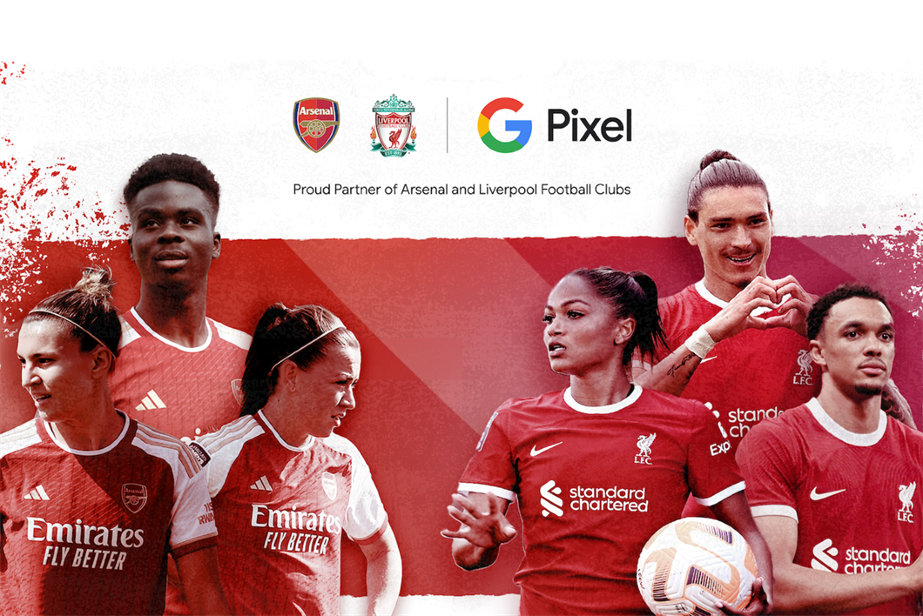Official promotional graphic for Google Pixel's partnership with Arsenal and Liverpool's football clubs, showing images of the team's star players