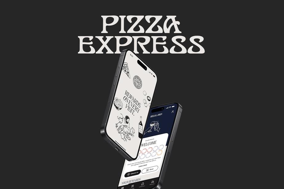 A graphic of the Pizza Express logo and a pair of smartphones bearing the Club app
