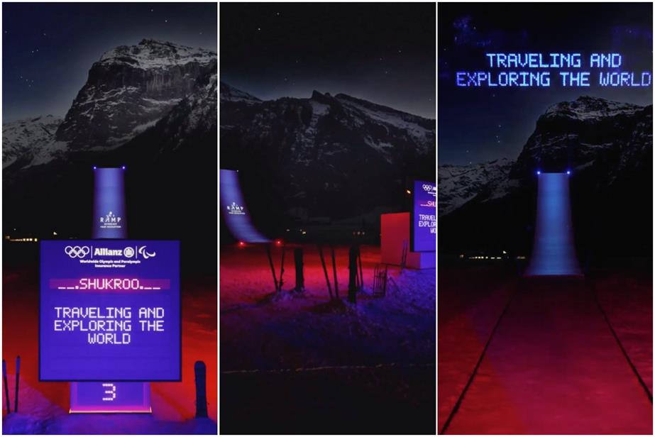 A light installation by Allianz located in Engelberg, Switzerland - a purple-illuminated ramp launches new year's resolutions into the Alpine sky