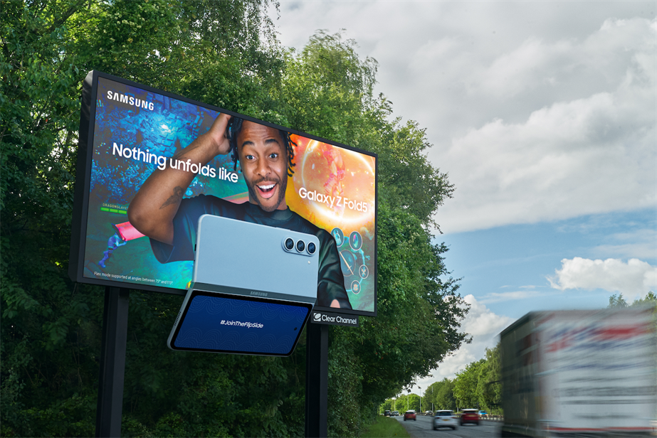 Photo of Samsung billboard featuring footballer Raheem Sterling and a 3D model of its Galaxy Z Fold 5 device