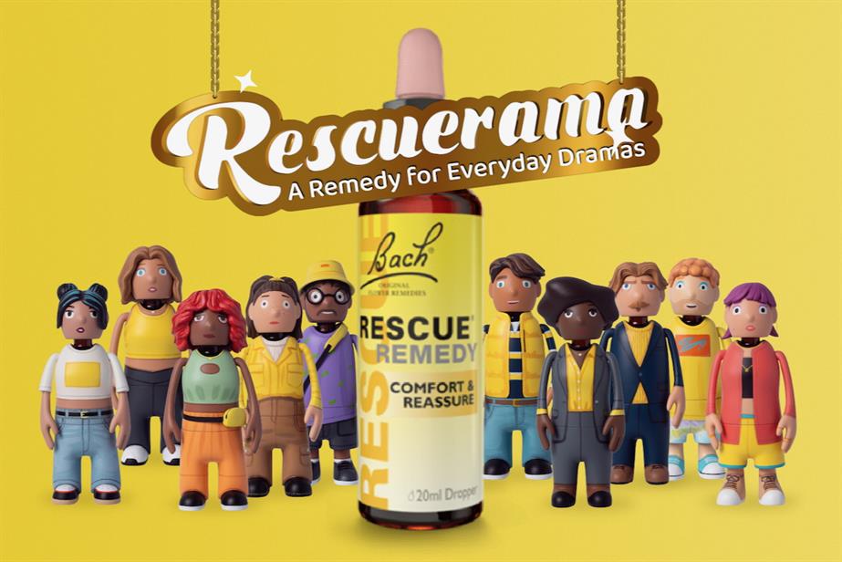 the puppet cast of Rescuerama and a bottle of Rescue Remedy