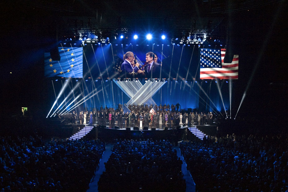 The American and European teams were introduced on stage