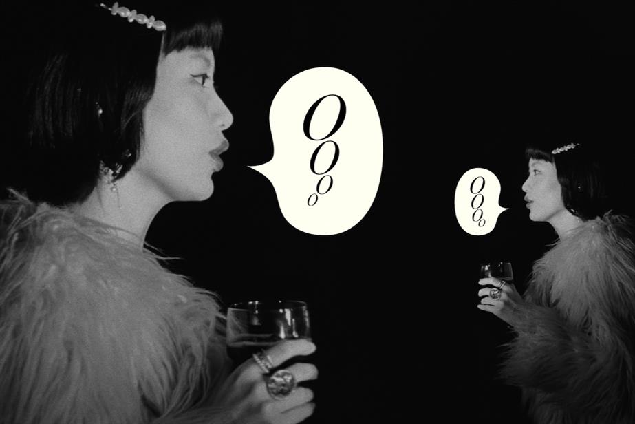 a side-on mirror image of a woman in evening wear, speech bubbles saying 'Oooo' coming from her mouth
