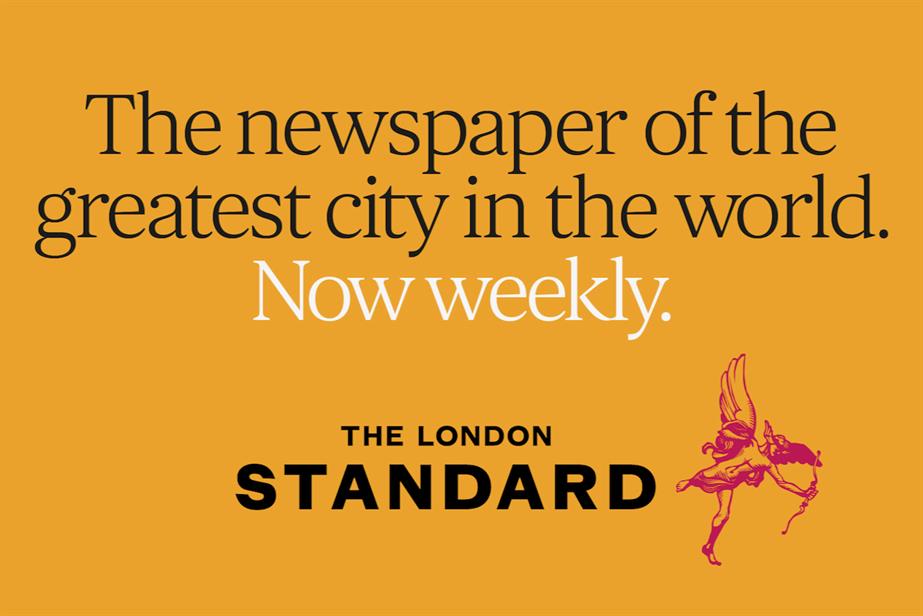  black lettering reading: “The newspaper of the greatest city in the world” in black, with white font adding: “Now weekly”, against a bright orange background.