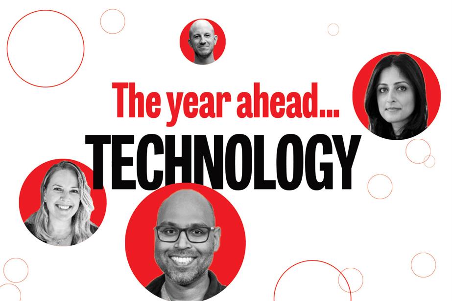 Black and white images of Year ahead for technology contributors superimposed on red circles with the words 'The year ahead... technology'