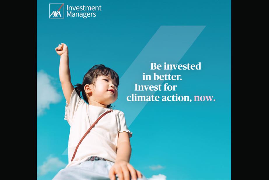 A child holding her hand in the air next to the text: 'Be invested in better. Invest for climate action', now and the Axa Investment Managers logo