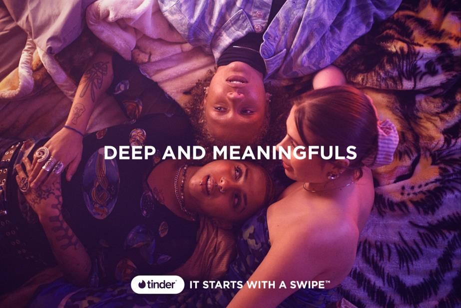 Group of friends lying in bed together with copy saying deep and meaningfuls
