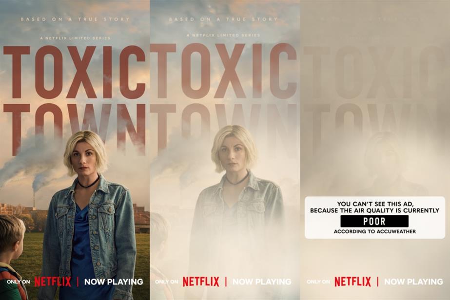 Three versions of the poster for Toxic Town. The second poster is lightly obscured by white smoke. The third is fully obscured by white smoke.