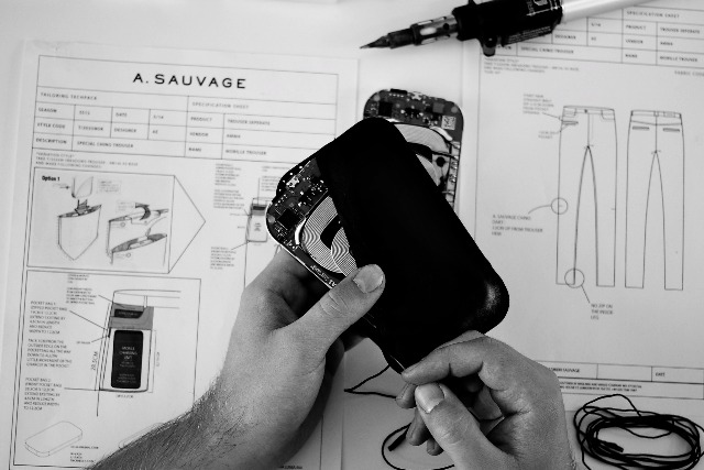 The charging pad that was inserted into trousers designed by A.Sauvage