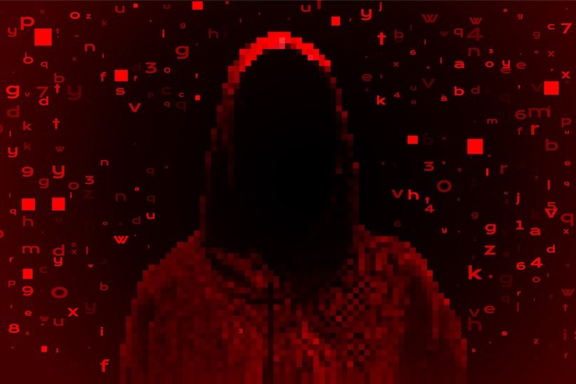 Silhouette of a hacker on a background with binary code and lights, hacking of a computer system, theft of data