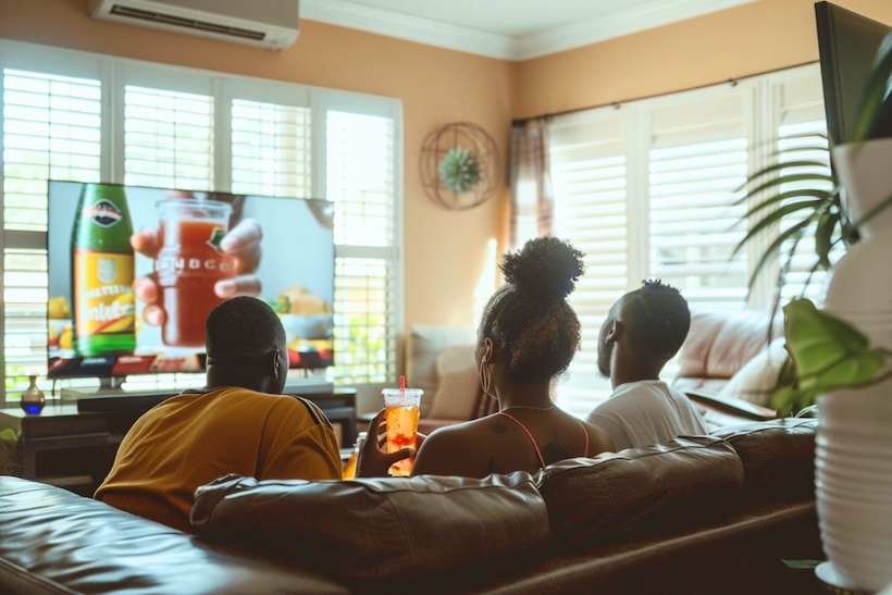 Family sitting on couch watching TV