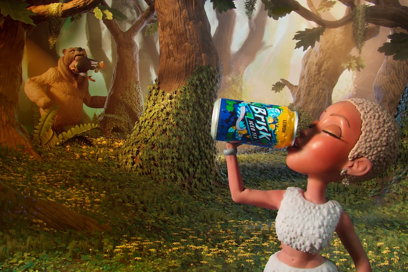 Stop motion claymation puppet of Doja Cat drinking a can of Brisk tea