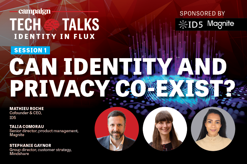 Campaign Tech Talk Identity in Flux logo with headshots of Mathieu Roche, Talia Comorau and Stephanie Gaynor