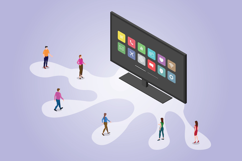 Smart tv technology with apps icon and people with isometric modern flat style