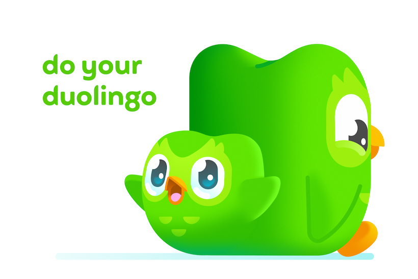 The Duolingo owl mascot Duo with a smaller version of himself on his butt