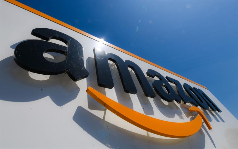 Amazon logo is shown against a blue sky
