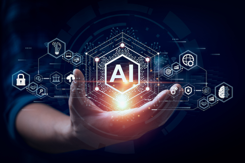 Businessman touching the brain working of Artificial Intelligence (AI) Automation, Predictive analytics, Customer service AI-powered chatbot, analyze customer data, business and technology