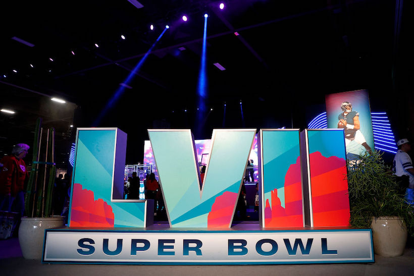 A Super Bowl LVII pop up sign is seen at the NFL Experience prior to Super Bowl LVII