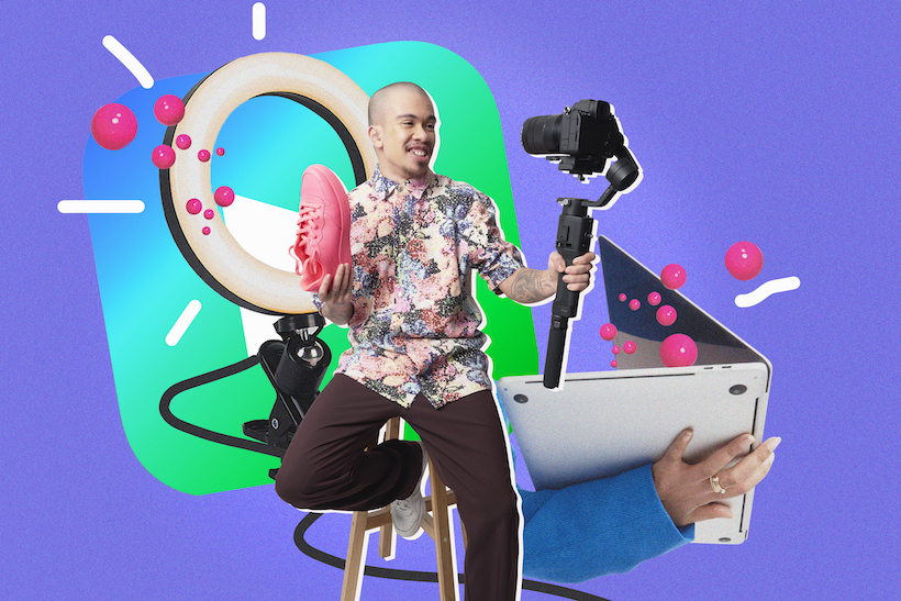 Clip art collage of influencer using mobile DSLR mounted camera