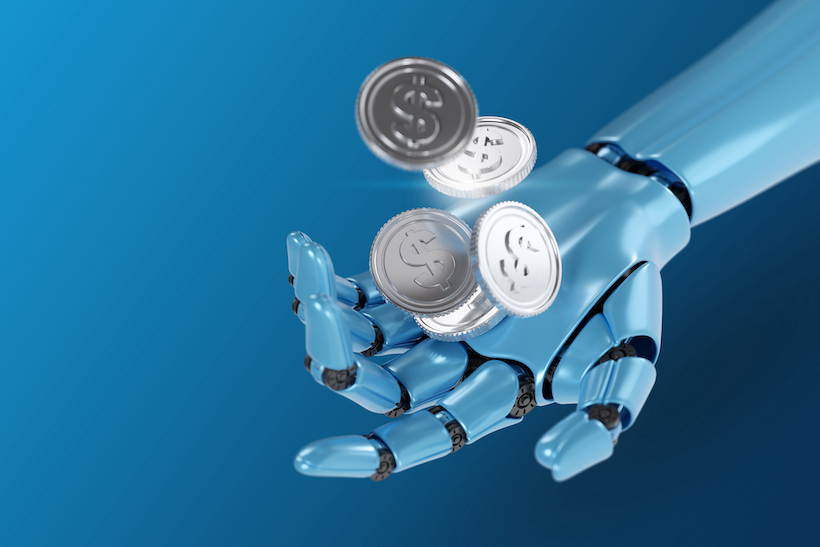 Robot hand holding digital coins