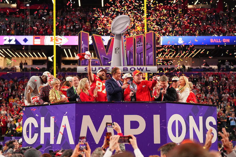 The Kansas City Chiefs celebrating their Super Bowl LVIII win