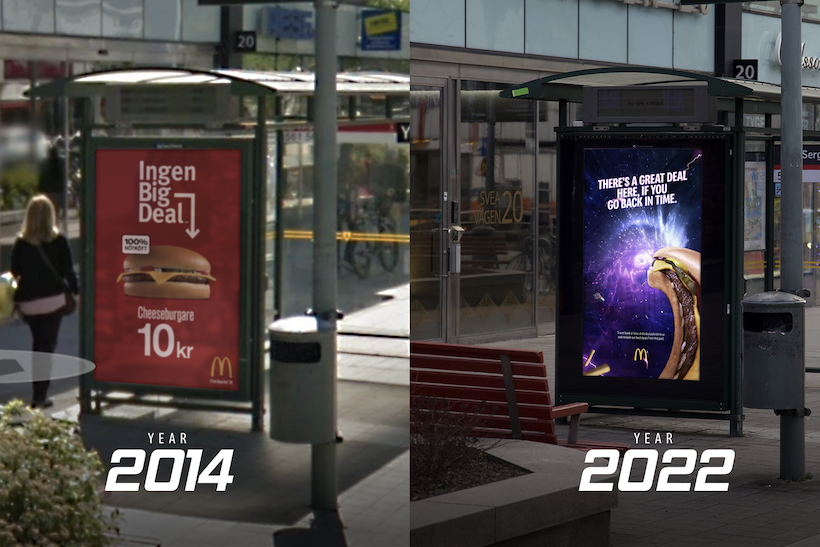 Side-by-side image of McDonald’s street ads in the same place in 2014 and 2022