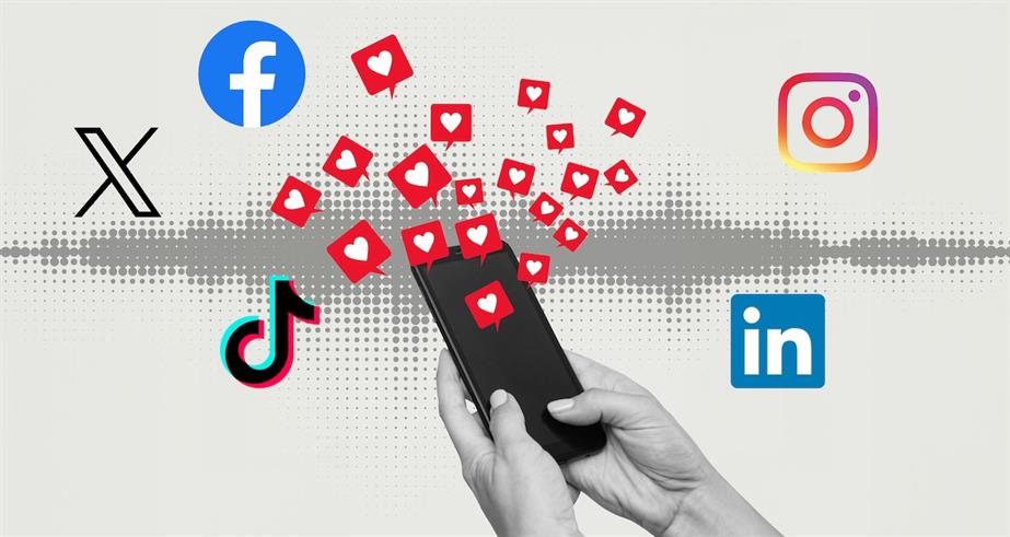 Clip art collage of hands holding smart phone surrounded by social media icons