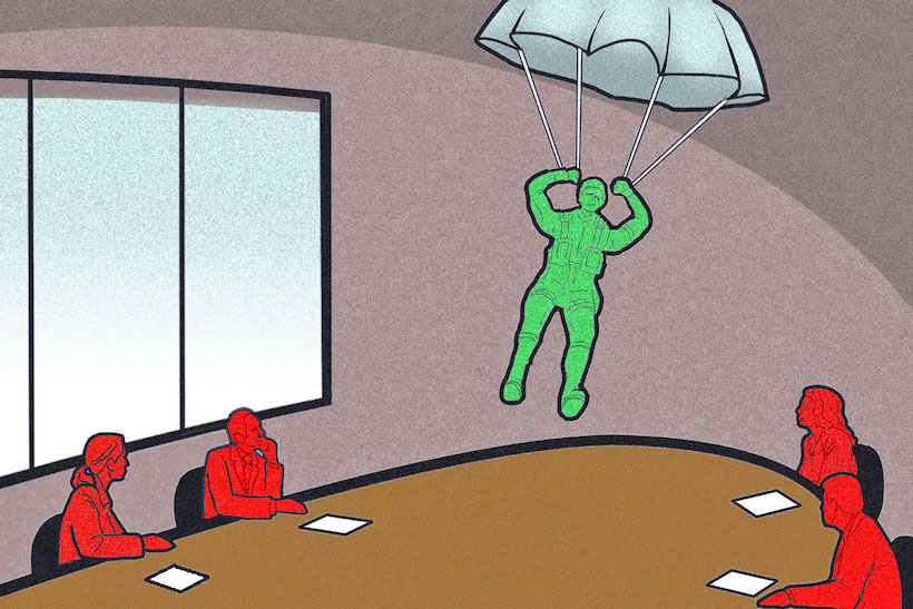 Cartoon of person parachuting into board meeting