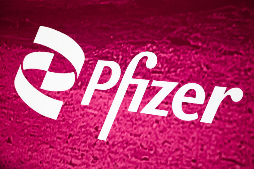 Stock art of the Pfizer logo on a pink background