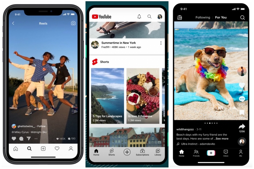 Three smart phones display Instagram, YouTube and TikTok apps