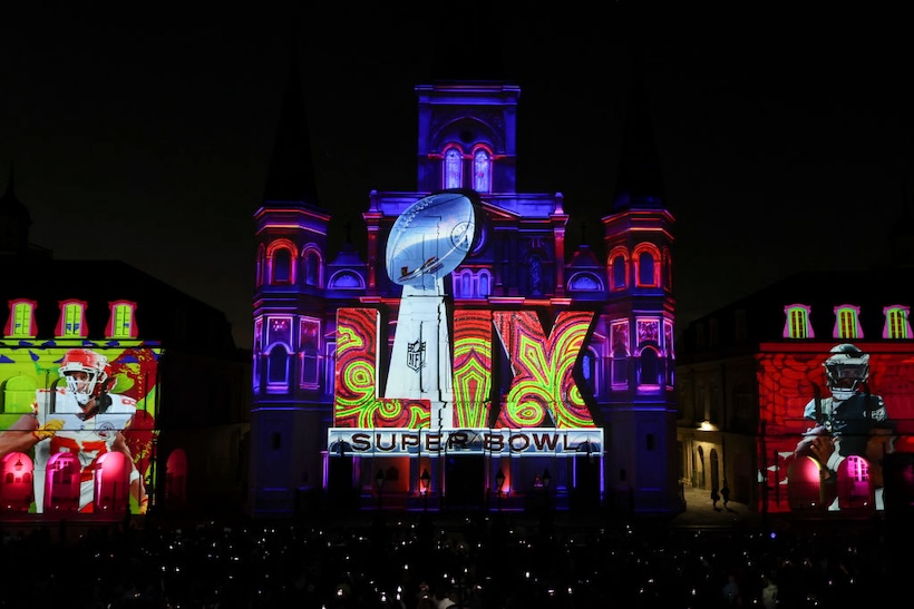 A general view of the Super Bowl LIX logo, the Kansas City Chiefs logo and the Philadelphia Eagles logo are projected onto St. Louis Cathedral at Jackson Square in the French Quarterahead of Super Bowl LIX