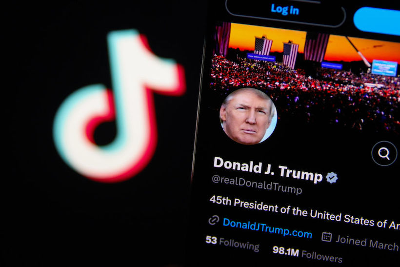 onald J. Trump's 'X' account is displayed on a mobile phone screen with TikTok logo in the background for illustration photo.