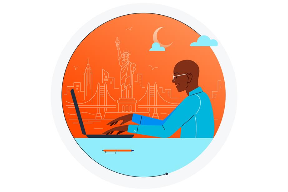 Drawing of a Black man typing on a a laptop against the New York skyline