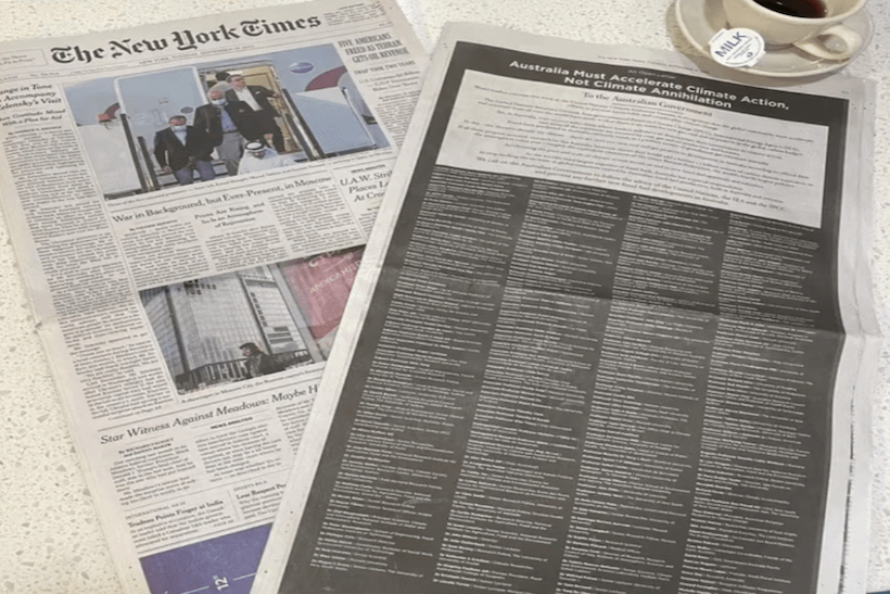 New York Times full page ad criticizing Australia for climate inaction