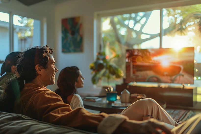 Family sitting on couch watching TV