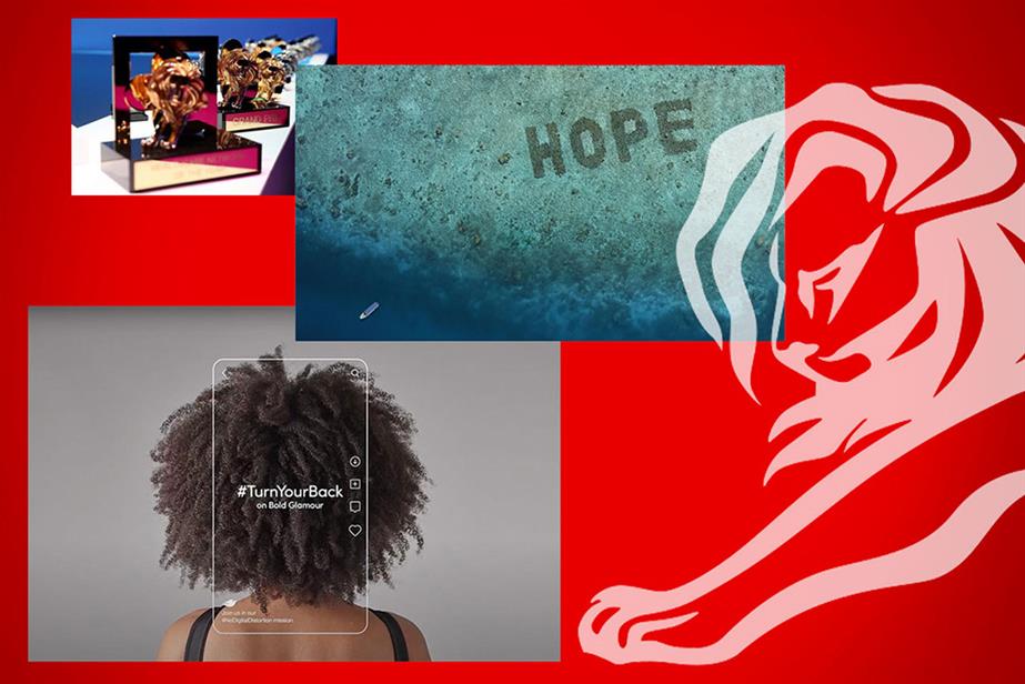 Clockwise from top: 2021 Cannes Lions trophies; the Media Grand Prix winning Sheba-sponsored coral billboard from 2022; and Dove's "Turn your back" campaign which won the Media Grand Prix in 2023.