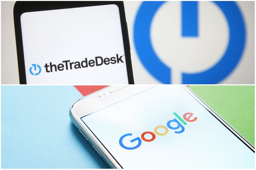 TheTradeDesk and Google logos on smart phone screens.