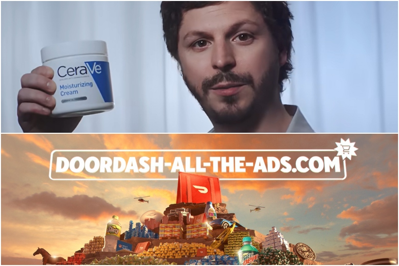 Collage picture of Michael Cera holding CeraVe jar and Doordash's "All the Ads" campaign