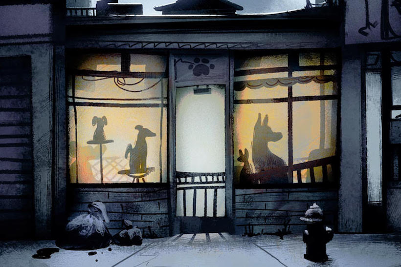 Animated scene of pet shop window showing silhouettes of pets