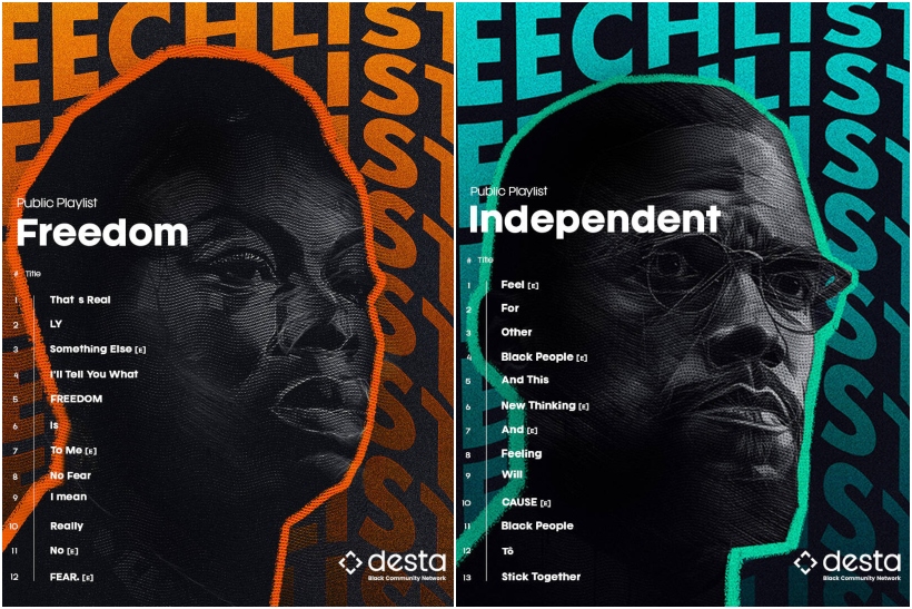 Social posters featuring images of Nina Simone and Malcolm X