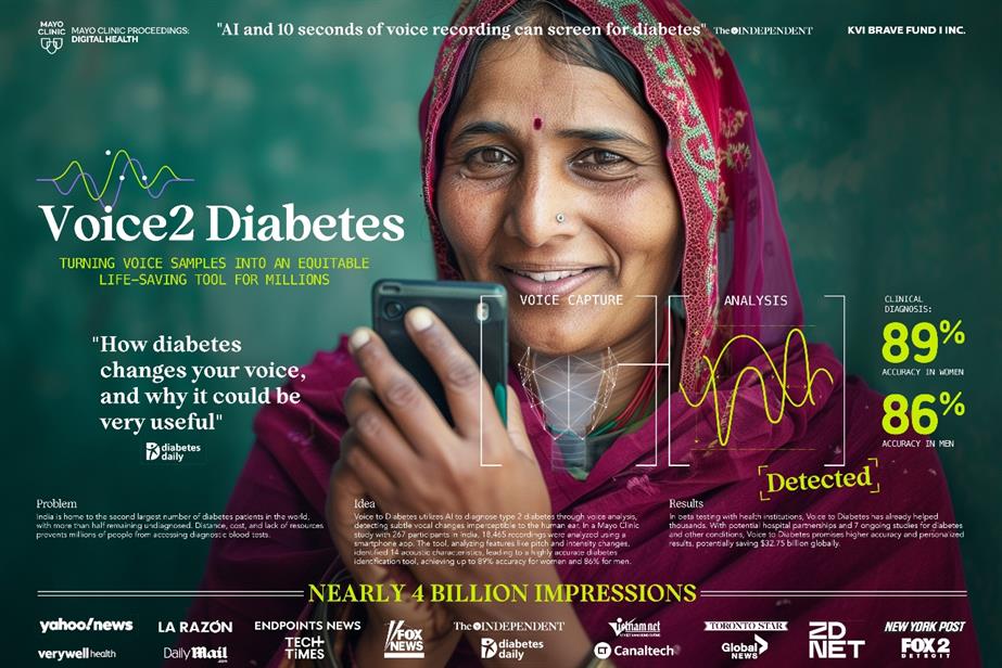 A woman holding a phone surrounded by statistics from the Voice 2 Diabetes campaign