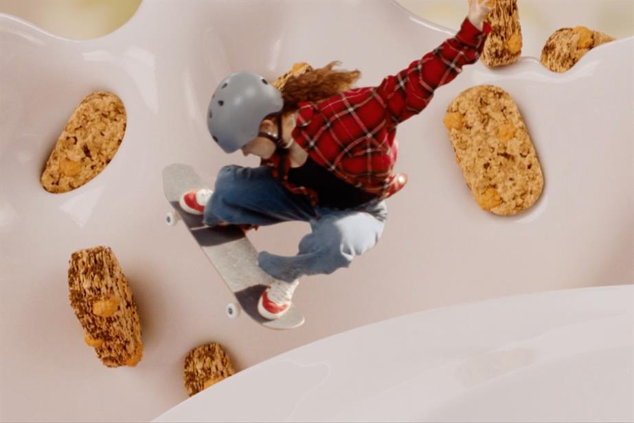 Lola Tambling skateboarding inside a bowl of Weetabix