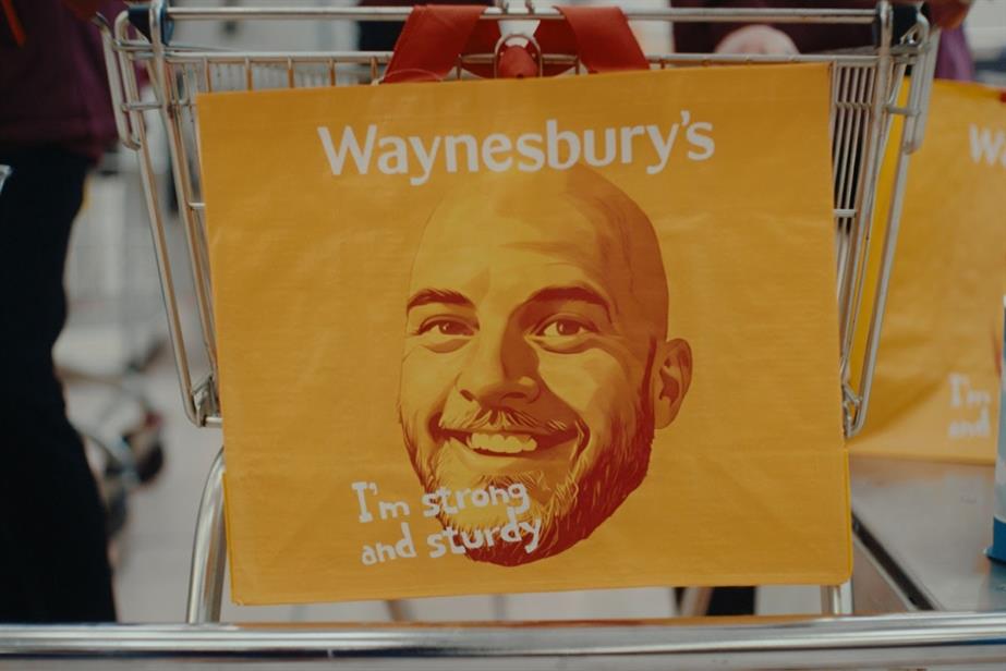 Waynesbury's shopping bag with Wayne's face on it