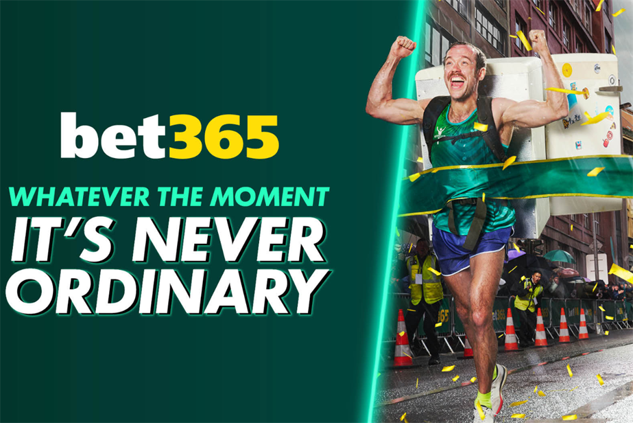 a man running with a fridge on his back for bet365 campaign