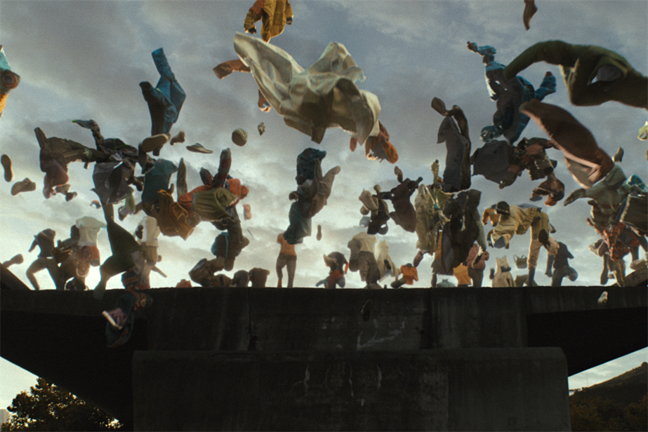 synthetic clothes flying off a bridge