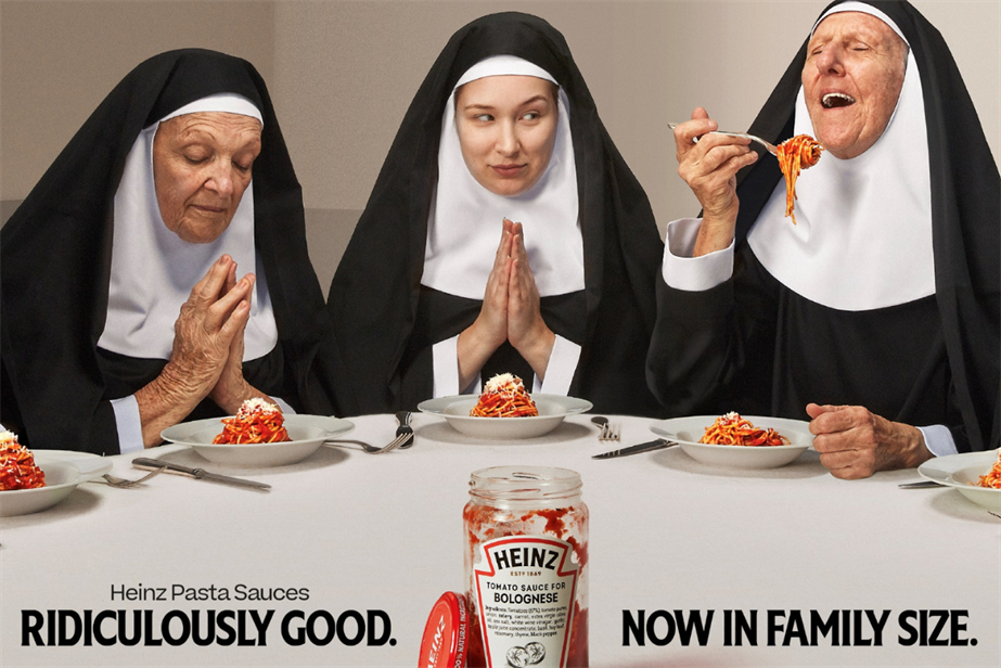 3 nuns eating pasta with heinz sauce 