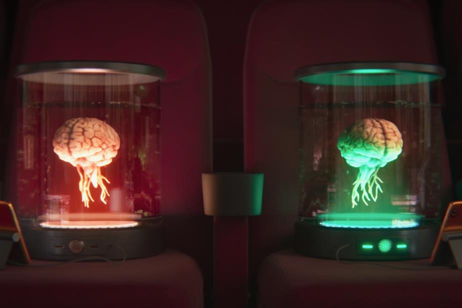 Two brains, each in a jar of fluid, one lit red, the other green