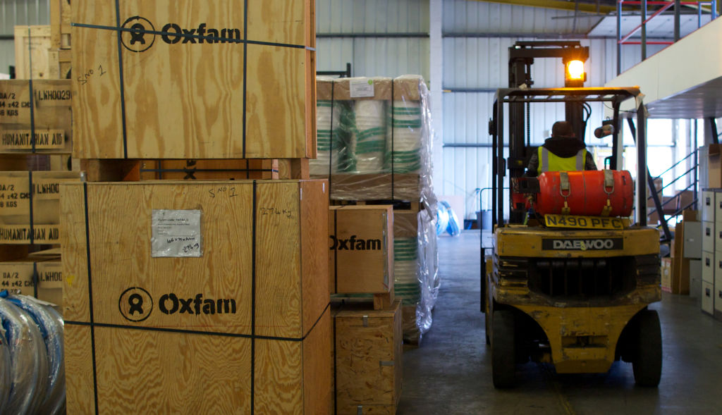 Aid packages in the Oxfam UK warehouse