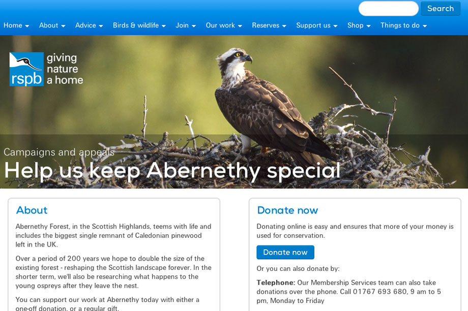 The RSPB’s Keep Abernethy Special fundraising web page